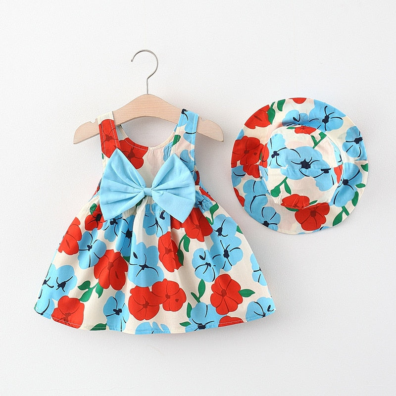 Baby Girl Dress | Flower Print Bow Princess Party Dress with Hat | New Summer style 2023 - Smart Shoppers Deal