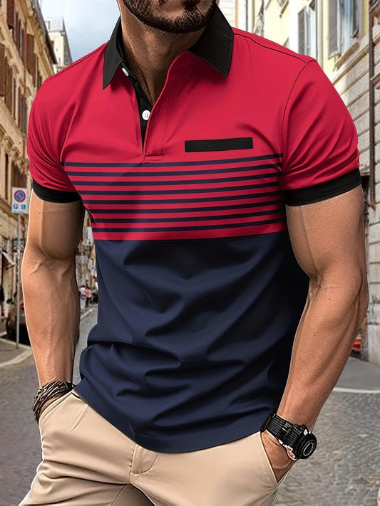 Men's Summer Golf Polo - Bold Stripes, Chest Pocket, Breathable Short Sleeve & Stylish Collar