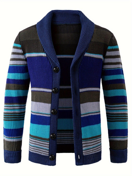 Men's Classic Vintage Button-Up Cardigan - Stretch-Fit & Cozy Color Block V-Neck for Fall/Winter Elegance