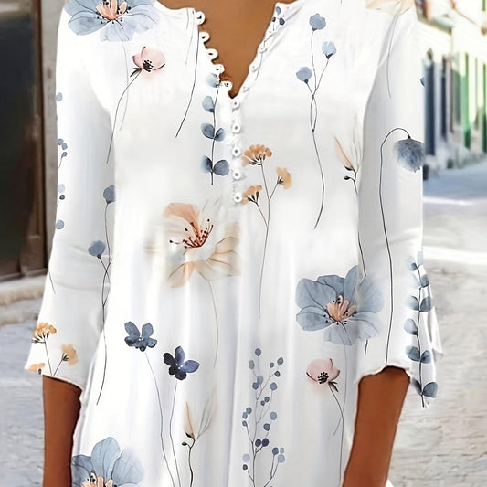 Chic Floral Print Blouse for Spring/Fall - Ruffle Sleeves, Button Detail, Comfort Stretch Fit