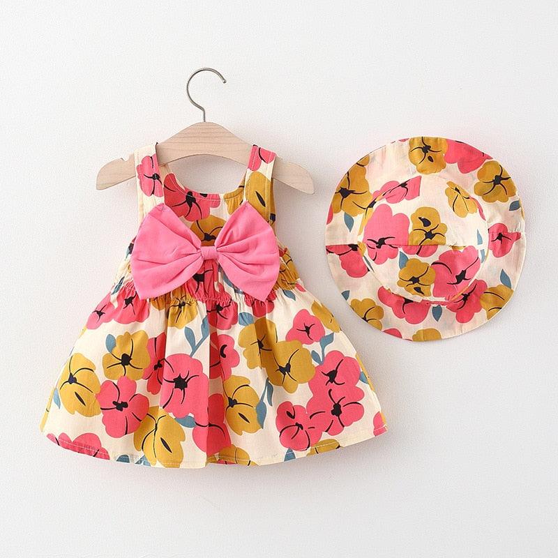 Baby Girl Dress | Flower Print Bow Princess Party Dress with Hat | New Summer style 2023 - Smart Shoppers Deal