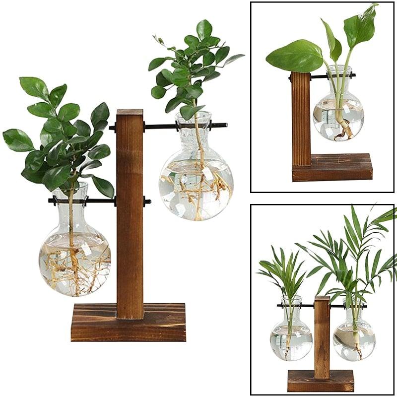 Eco Friendly Terrarium Hydroponic Plant Vases with Transparent Flower Pot and Wooden Frame - New - Smart Shoppers Deal