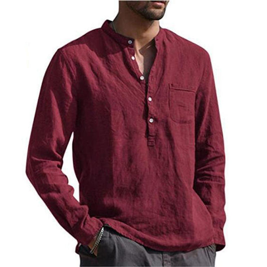 Long Sleeve Henley Pure Cotton Linen Shirts - Casual Summer Beach Style - Smart Shoppers Deal