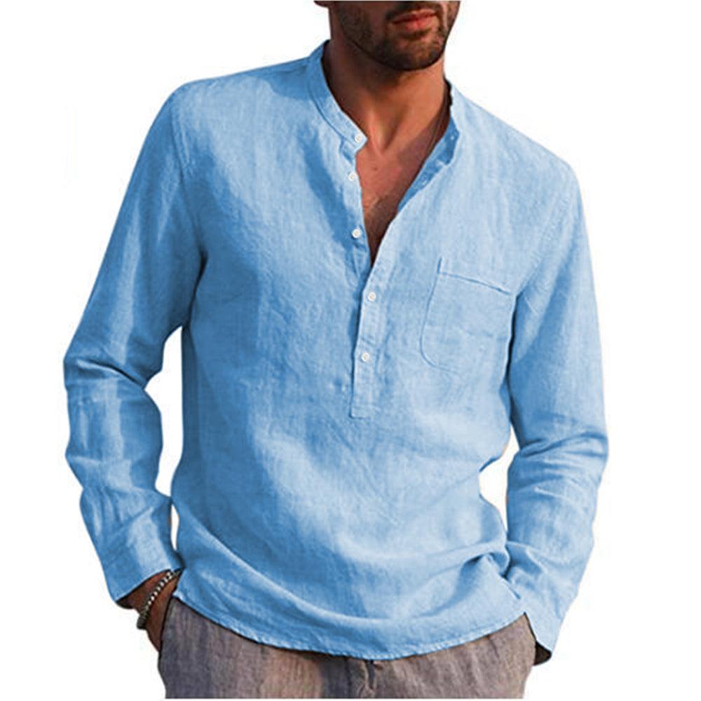 Long Sleeve Henley Pure Cotton Linen Shirts - Casual Summer Beach Style - Smart Shoppers Deal