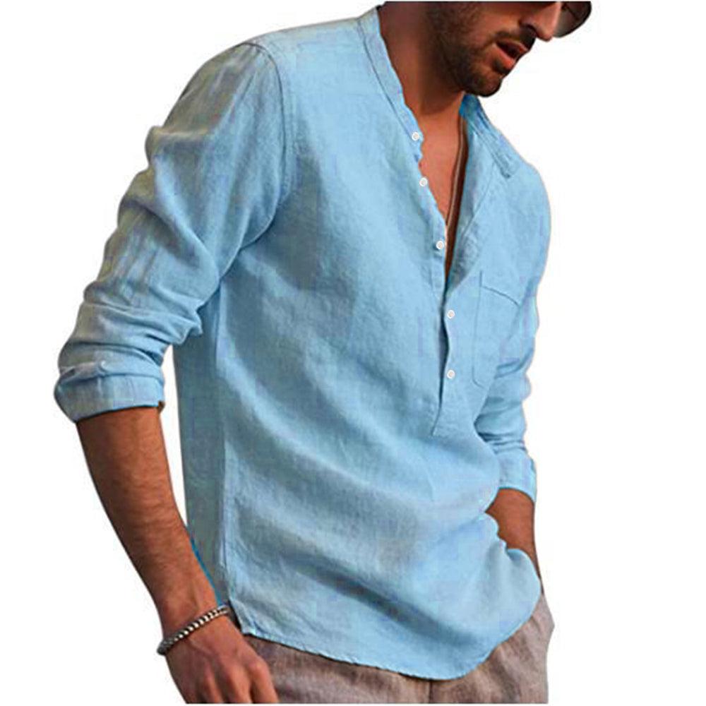 Long Sleeve Henley Pure Cotton Linen Shirts - Casual Summer Beach Style - Smart Shoppers Deal