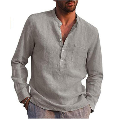 Long Sleeve Henley Pure Cotton Linen Shirts - Casual Summer Beach Style - Smart Shoppers Deal