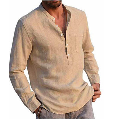 Long Sleeve Henley Pure Cotton Linen Shirts - Casual Summer Beach Style - Smart Shoppers Deal